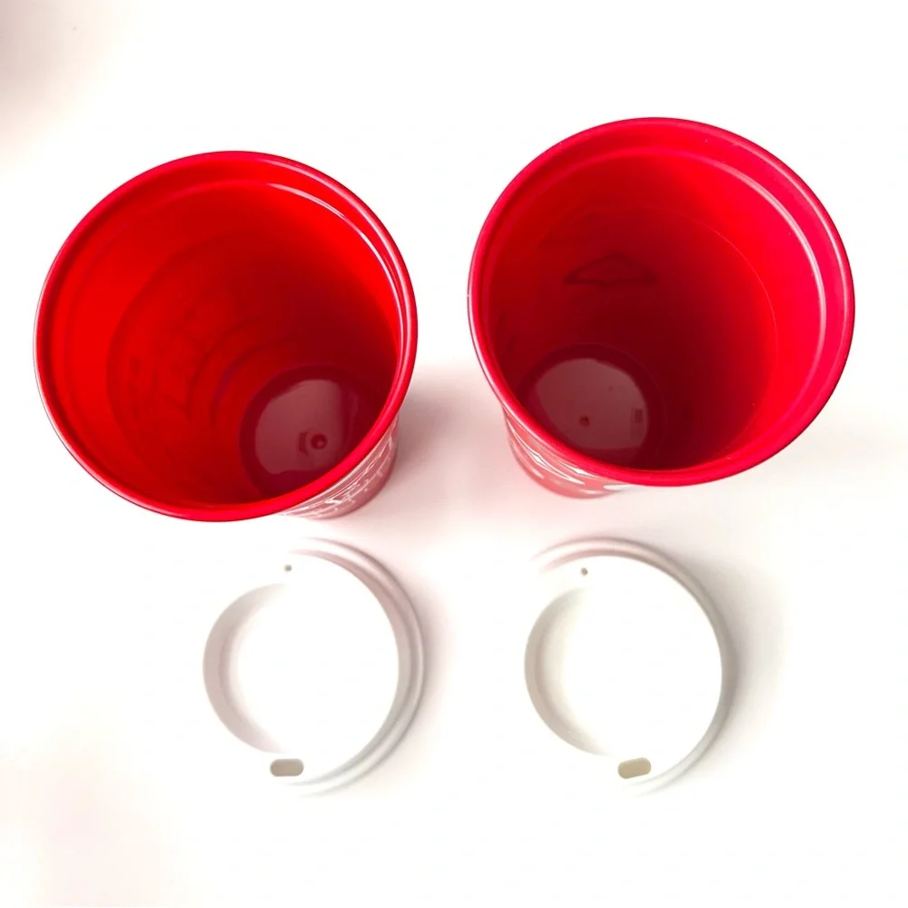 Set of 2 New Starbucks Reusable Red Holiday Christmas Plastic Cups w/ Lids